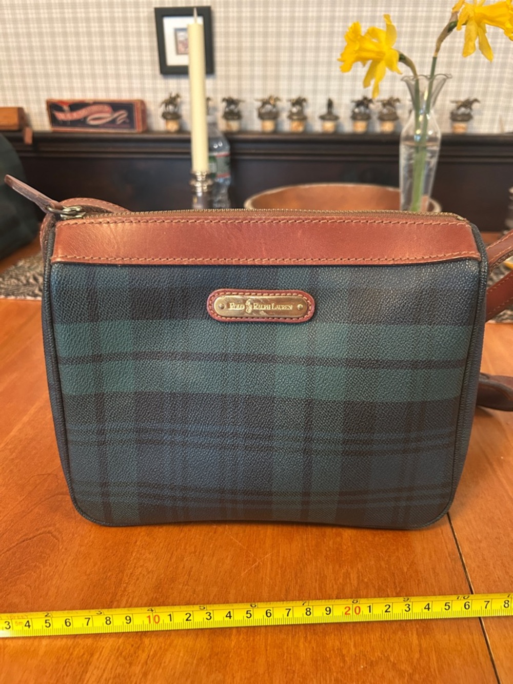 Ralph Lauren Green and Black Plaid Toiletry Crossbody with Brown Trim - Picture 1 of 7